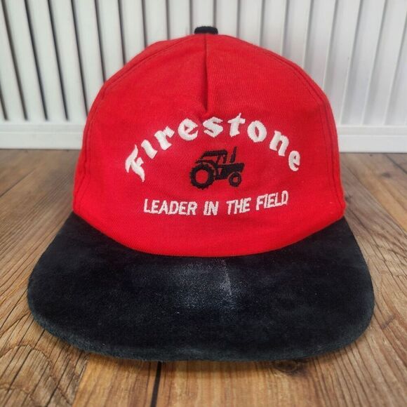 VTG Firestone Leader In The Field Strapback Hat Cap Red Black Tractors Farm USA - Picture 2 of 11